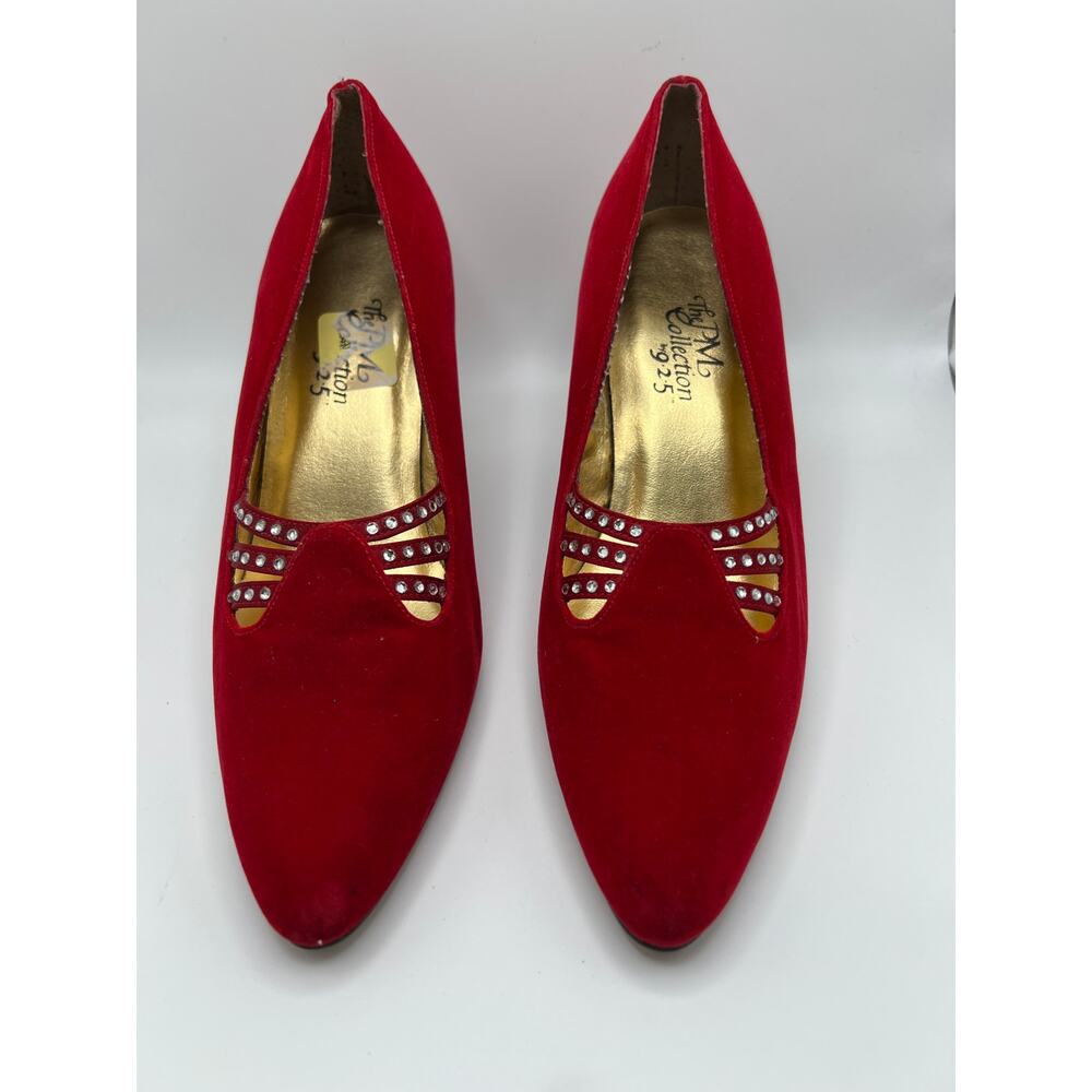 Vintage PM Collection Red Suede Rhinestone Accent Heels Size 7M Pointed Toe